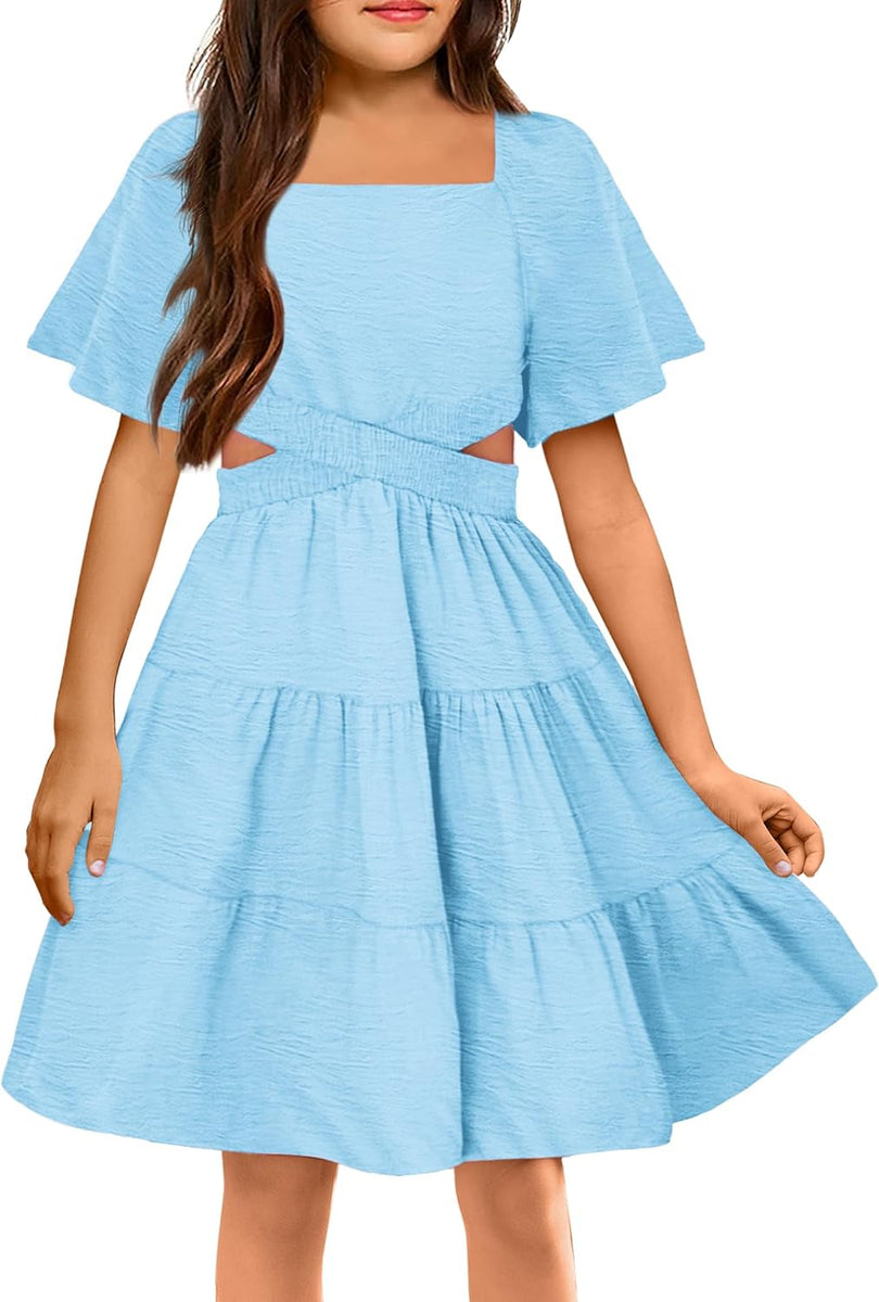 Arshiner Girls Dresses Square Neck Cut Out Shirred Party Cute Tween Dr