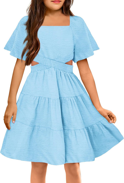 Arshiner Girls Dresses Square Neck Cut Out Shirred Party Cute Tween Dress