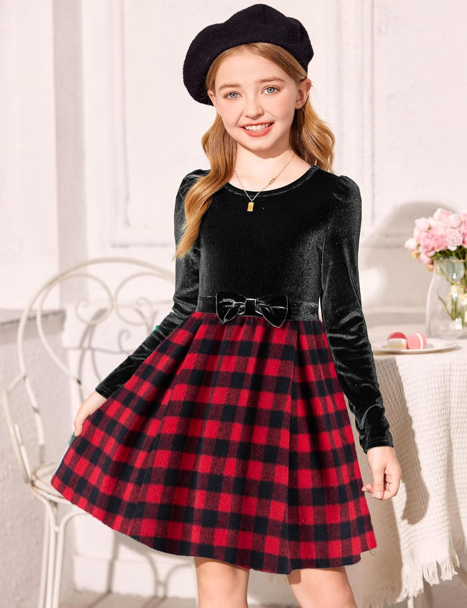 Girls Winter Party Dress Girls Long Sleeve Velvet Plaid Dress  Holiday  Party Dress With Pockets, Patchwork Design, Fall Winter Outfit Velvet Plaid  Christmas Dress