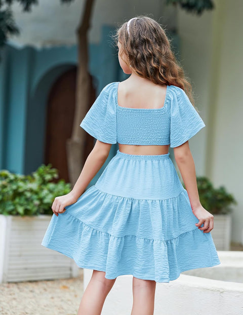 Arshiner Girls Dresses Square Neck Cut Out Shirred Party Cute Tween Dress