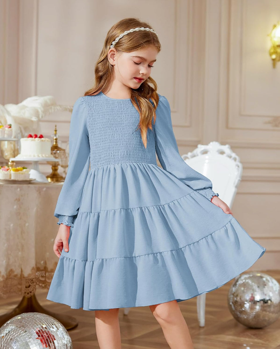Arshiner Girls Dress Fall Boho Long Sleeve Shirred Smocked Tiered Part – ARSHINER