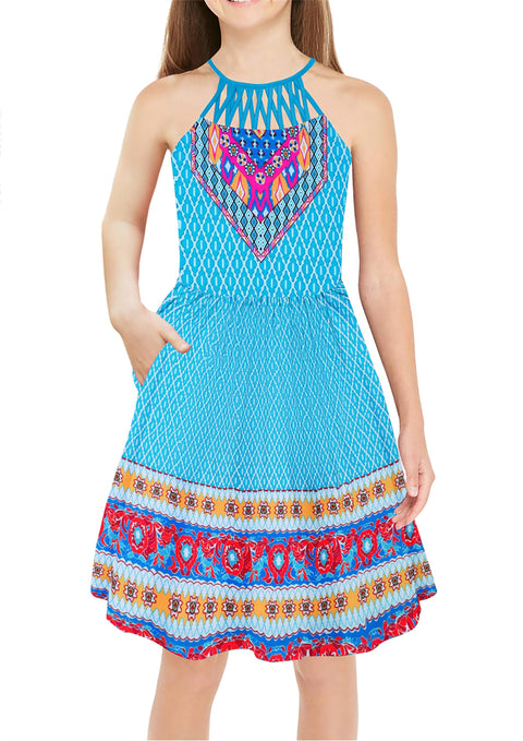 Arshiner Girls Summer Dress Halter Neck Boho Crochet Hollow Out Casual Sundress with Pockets for 5-13 Years