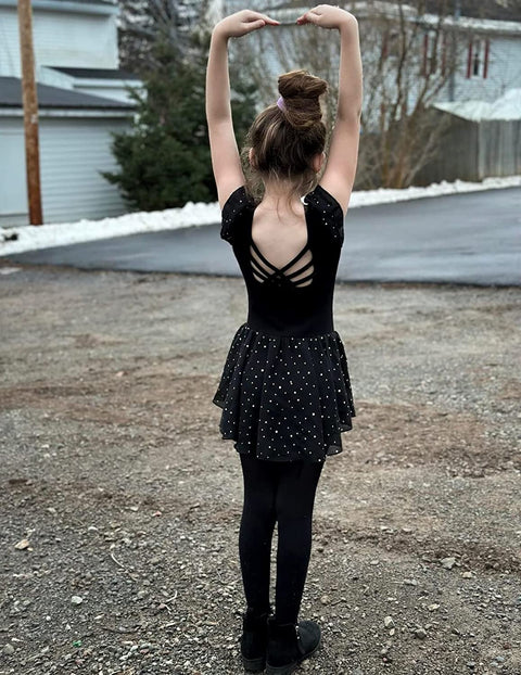 Arshiner Girls Shiny Ruffle Sleeve Ballet Leotard with Skirt Criss-Cross Back Dance Dresses