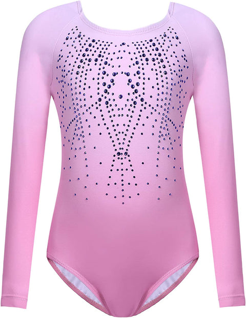 Arshiner Kid Girls Long Sleeve Color Gradient Gymnastics Leotard Shiny Diamond Ballet Dance One Piece Outfit