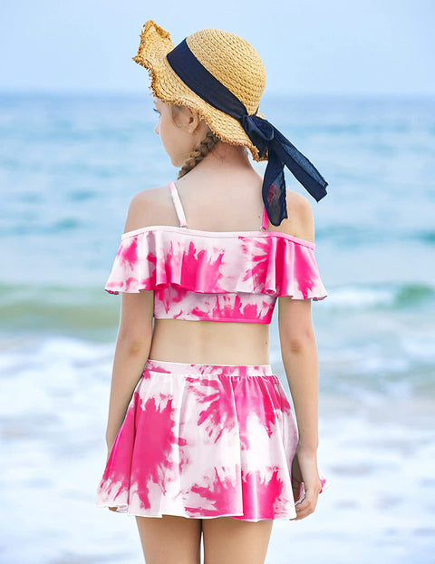 Arshiner Girls 3 Pieces Swimsuit Floral Bikini Bathing Suit Swimwear Ruffle Sleeve Swim Set for Girl