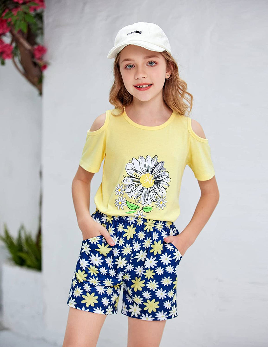 Arshiner Girls 2-Piece Summer Outfits - Hooded T-Shirt & Letter Print Shorts Set