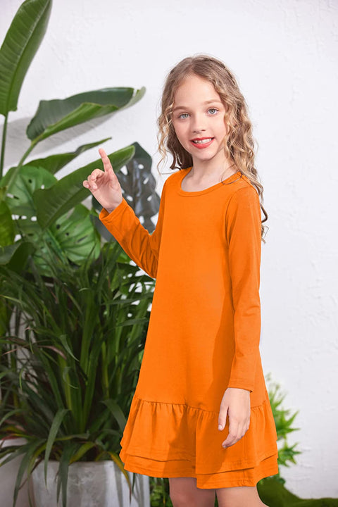 Arshiner Girls Cotton Long Sleeve A-Line Ruffle Hem Dress for School
