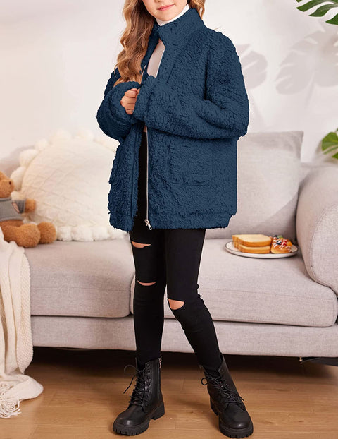 Arshiner Girls Full Zip Fleece Jacket Sherpa Outwear Coat Fall Winter for 4-12Y
