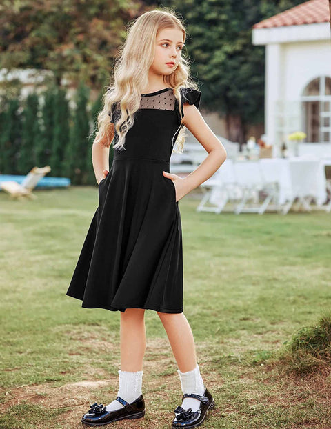 Arshiner Girls Dress Summer Ruffle Sleeve Mesh A Line Casual Party Dresses with Pockets 6-13 Years