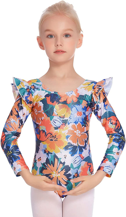 Arshiner Girls Gymnastics Leotards Ruffle Long Sleeve Shimmer Ballet Unitard Dancewear for 3-10 Years