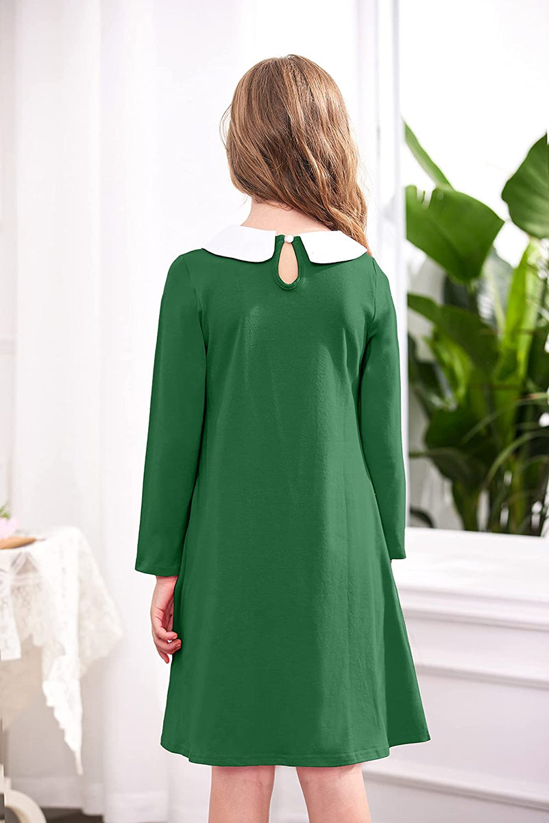 Arshiner Girls Peter Pan Collar Dress - Long Sleeve T-Shirt Dress Ages 4-13 Years