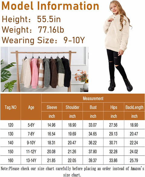 Arshiner Girls Warm Hoodie Sherpa Fleece Pullover Button Up Casual Outerwear Coat With Pockets