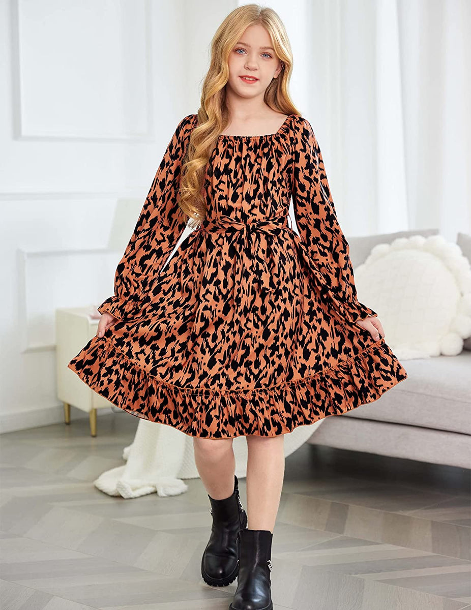 Girls Long Sleeve Ruffle Hem Dress - Swing Smock Dress For Vacation, Casual & Party Wear