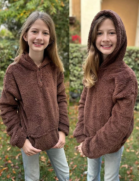 Arshiner Girls Warm Hoodie Sherpa Fleece Pullover Button Up Casual Outerwear Coat With Pockets