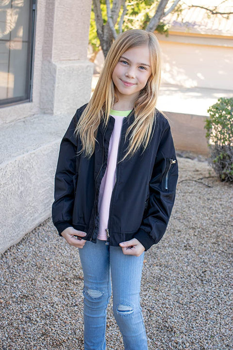 Arshiner Girls Bomber Jacket Casual Coat Zip Up Outerwear with Pockets for 4-12 Years