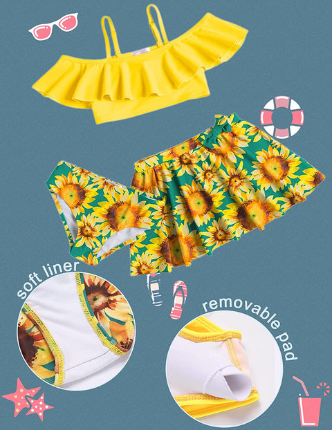Arshiner Girls 3 Pieces Swimsuit Floral Bikini Bathing Suit Swimwear Ruffle Sleeve Swim Set for Girl