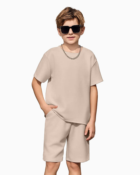 Arshiner Boys Drop Shoulder T-Shirt & Drawstring Waist Shorts Sets