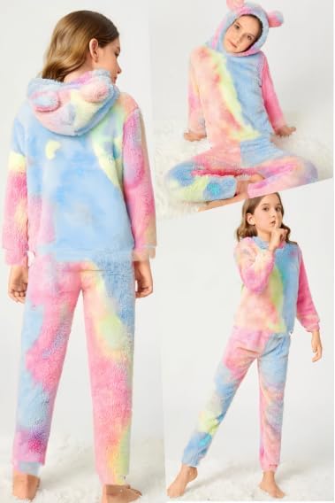 Arshiner Girls 2 Piece Outfits Fuzzy Bear Ear Hoodie Sweatshirt and Pant Sets