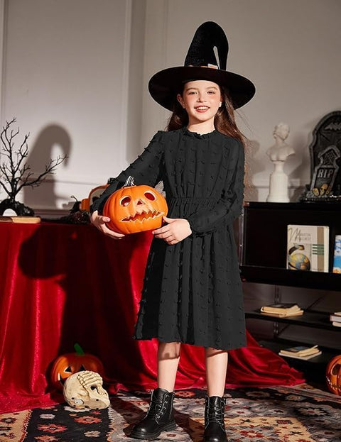 Arshiner Girls Dress Long Sleeve Swiss Dot Ruffle Collar Flowy A-Line Party Dress for Kids 5-13Y