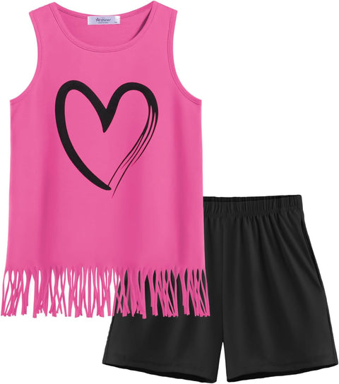 Arshiner Girls Summer Outfits Sleeveless Fringe Tank Top and Elastic Waist Pocketed Shorts Set Girl Clothes 6-14 Years