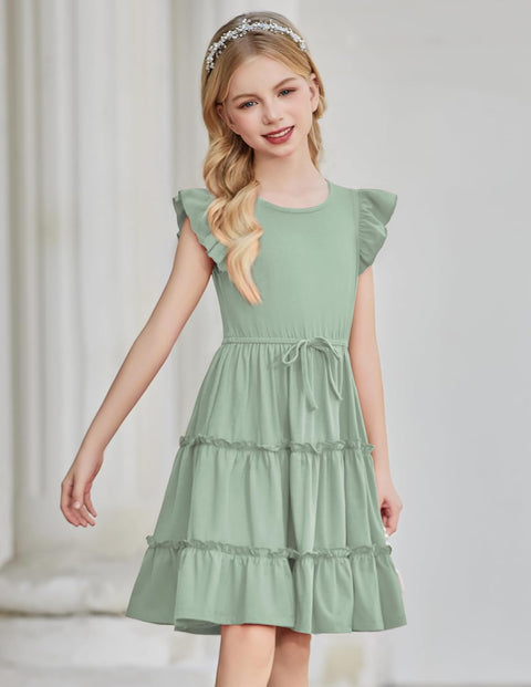 Arshiner Girl's Dress Ruffle Sleeve Tiered Dresses with Pockets 5-12 Years