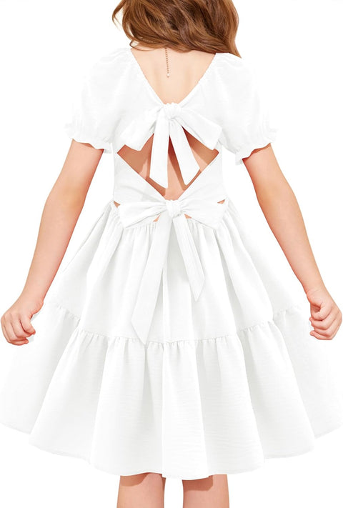 Arshiner Girls Dress Tie Back Short Sleeve Square Neck Tiered Midi Dresses