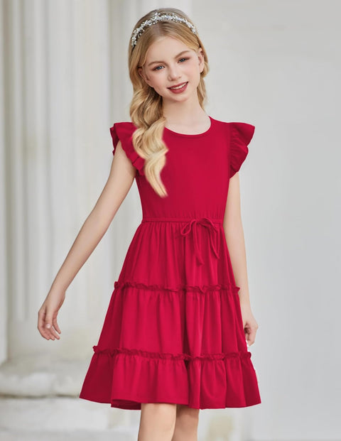 Arshiner Girl's Dress Ruffle Sleeve Tiered Dresses with Pockets 5-12 Years
