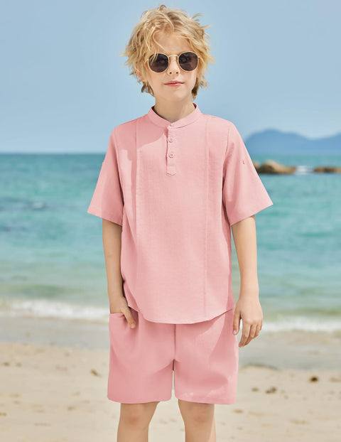 Arshiner Boy's 2 Pieces Linen Sets Henley Shirt and Shorts 5-12 Years