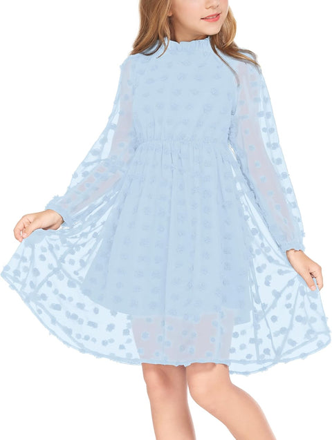Arshiner Girls Dress Long Sleeve Swiss Dot Ruffle Collar Flowy A-Line Party Dress for Kids 5-13Y