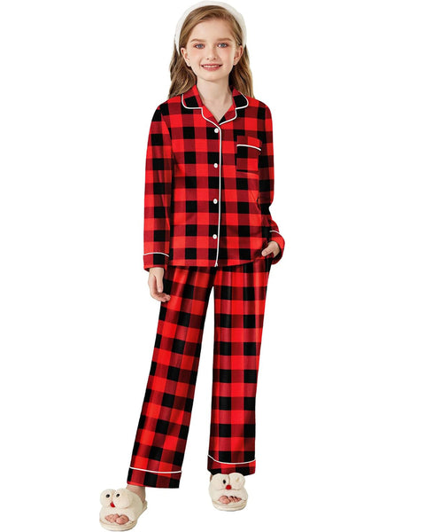 Arshiner Pajamas Set for Girls Plaid Long Sleeve Lounge Set