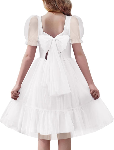 【6-16Y】Arshiner Girls Dresses Tulle Bow Tie Back Puff Sleeve Dress