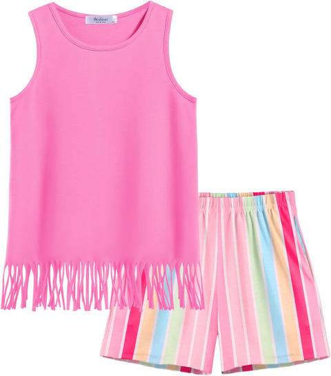 Arshiner Girls Summer Outfits Sleeveless Fringe Tank Top and Elastic Waist Pocketed Shorts Set Girl Clothes 6-14 Years