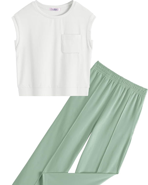【6-14Y】Arshiner Girls 2 Piece Sets Drop Shoulder Sleeve Top and Wide Leg Pants