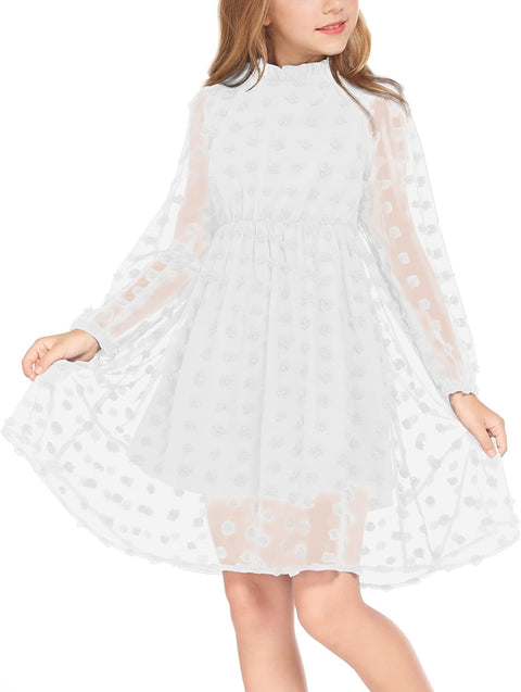 Arshiner Girls Dress Long Sleeve Swiss Dot Ruffle Collar Flowy A-Line Party Dress for Kids 5-13Y