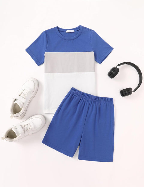 Arshiner Boys' 2-Piece Cotton Outfit Color Block T-Shirt and Shorts Set