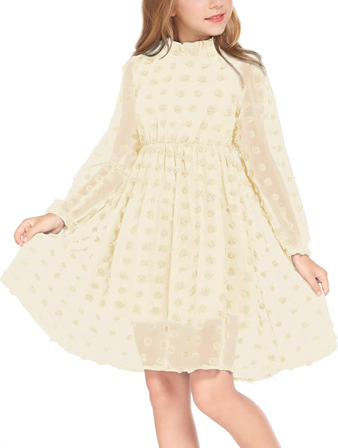 Arshiner Girls Dress Long Sleeve Swiss Dot Ruffle Collar Flowy A-Line Party Dress for Kids 5-13Y