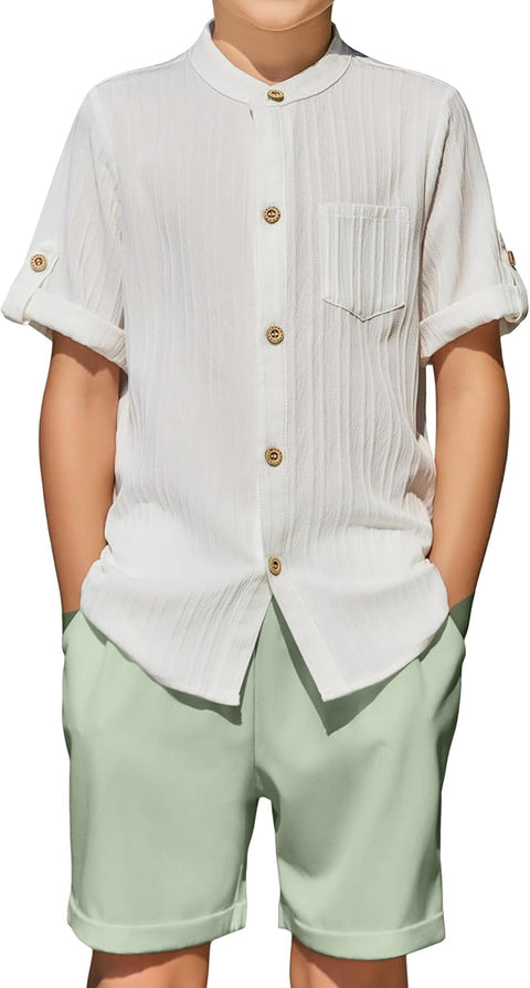 Arshiner Boy's 2 Piece Outfit Short Sleeve Textured Shirt and Short Sets