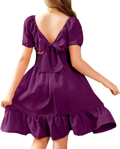 Arshiner Girls Tie Back Short Sleeve Ruffle Hem Off Shoulder Dresses