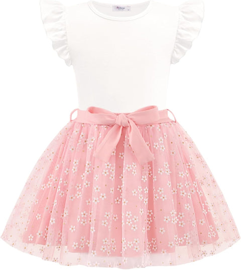 Arshiner Toddler Girls Skirt Set Ruffle Sleeve Tops and Belt Tutu Skirts