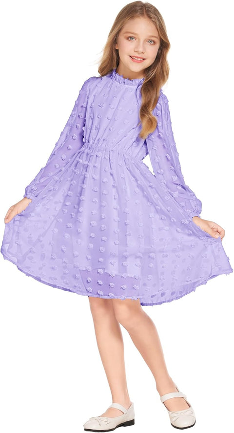 Arshiner Girls Dress Long Sleeve Swiss Dot Ruffle Collar Flowy A-Line Party Dress for Kids 5-13Y