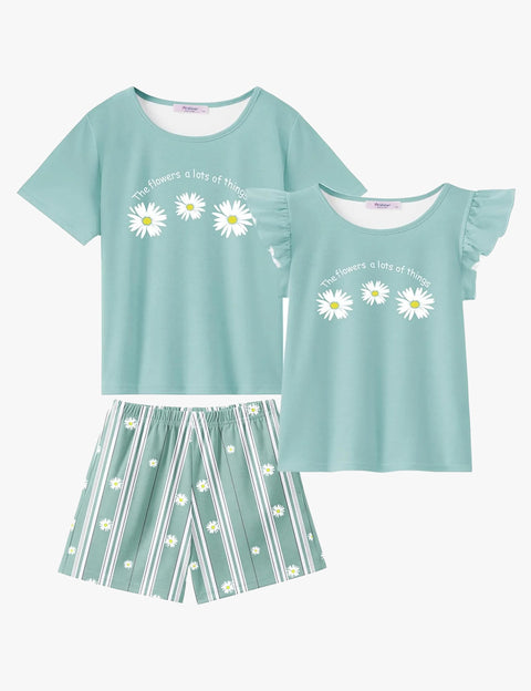 [4Y-12Y] Arshiner Girls Pajamas Set Short Sleeve Pjs 3PCS Lounge Sets