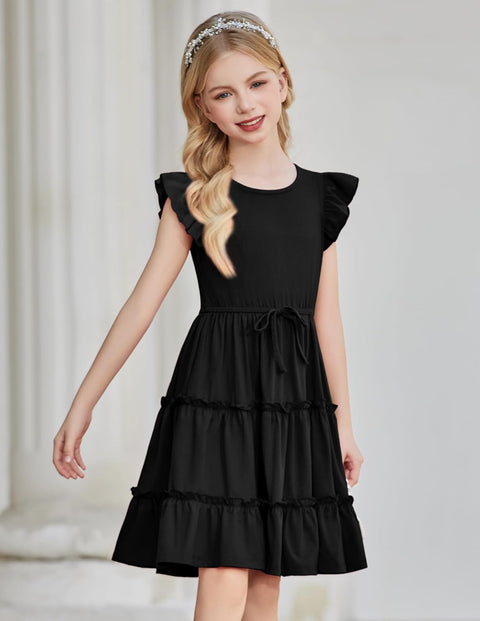 Arshiner Girl's Dress Ruffle Sleeve Tiered Dresses with Pockets 5-12 Years