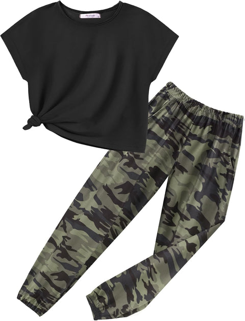 【6-14Y】Arshiner Girls 2 Piece Sets Drop Shoulder Top Sweatpants Jogger