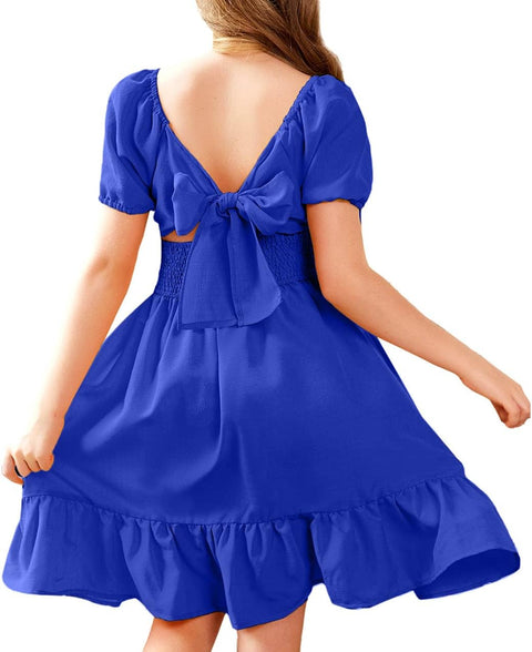 Arshiner Girls Tie Back Short Sleeve Ruffle Hem Off Shoulder Dresses