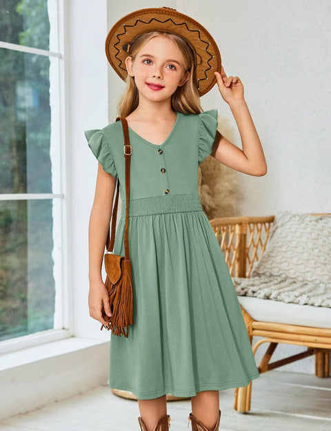 Arshiner Girls Dresses Ruffle Sleeve A-Line V-Neck Sundress
