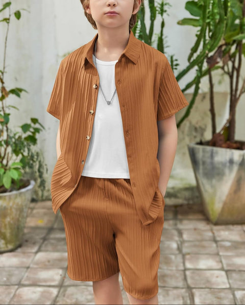 [5Y-12Y] Arshiner Boy's Textured Button Up Shirt and Shorts Set