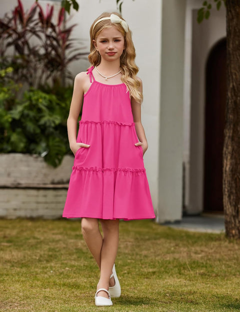 Arshiner Girl Dresses Boho A-Line Swing Flowy Ruffle Tiered Sundress with Pockets