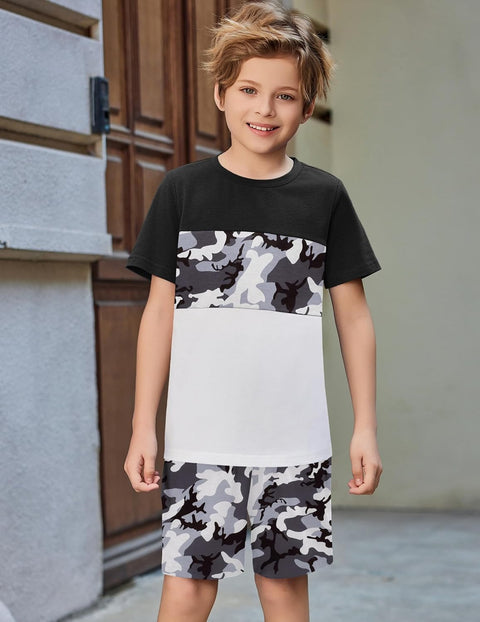 Arshiner Boys' 2-Piece Cotton Outfit Color Block T-Shirt and Shorts Set