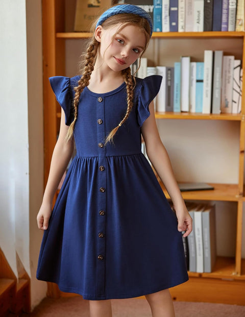 Arshiner Girls Dress Flutter Sleeve A-Line Button Down Sundress
