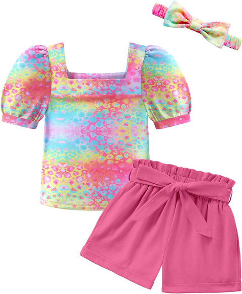 【 2-8Y】Arshiner Toddler Girl Puff Sleeve Tops + Shorts + Headband 3pcs Sets
